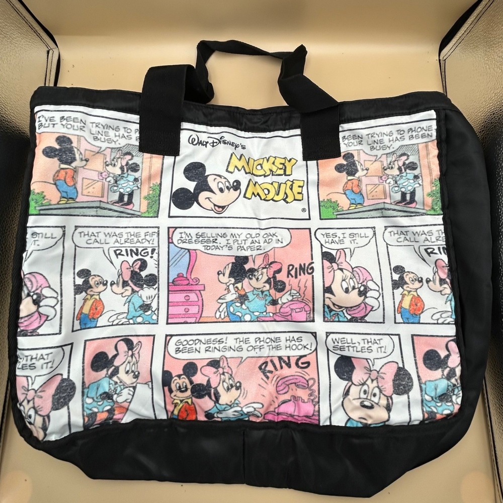 Disney Parks Mickey Mouse Comic Strip Tote Bag Black Nylon Zippered Large